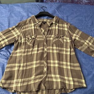 torrid Grey and Cream Plaid Button-Front Shirt